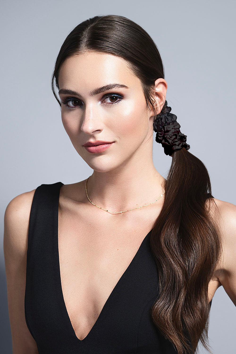 The Hair Edit Black Ruched Ribbon Scrunchies in models hair