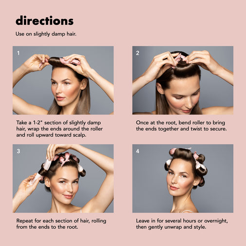Instruction diagram showing four steps for rolling damp hair into curlers, with a model demonstrating each step on a dusty pink background.