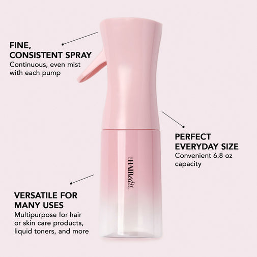 A pink pump bottle labeled THE HAIR EDIT, shown on a pale pink background with callout text describing its fine consistent spray, everyday size capacity, and versatility for hair or skin care products.
