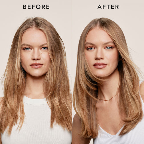 Before-and-after split comparison of a woman's hair, showing a straightened, sleeker look on the right labeled 'AFTER' against a light beige background.