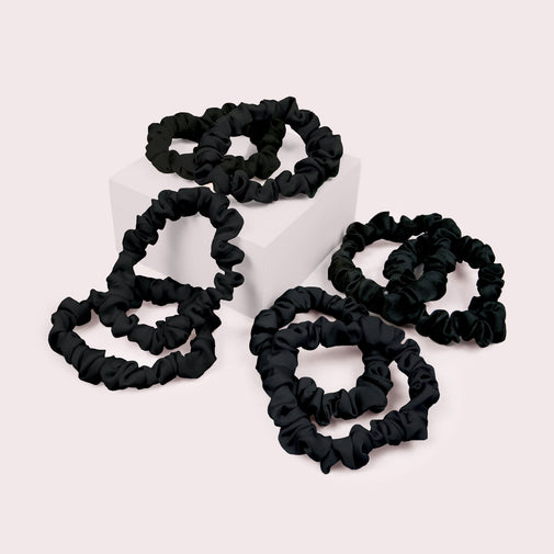 Ruched Ribbons Skinny Satin Scrunchies Set - 8-Pack Black