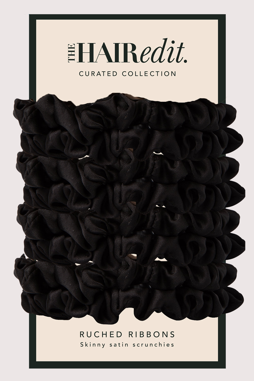 The Hair Edit Black Ruched Ribbon Scrunchies packaging