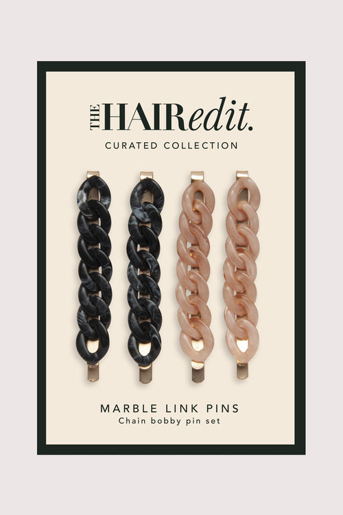 the hair edit cable 4 Chain Link Bobby Pins in Champagne and Black Marble in packaging