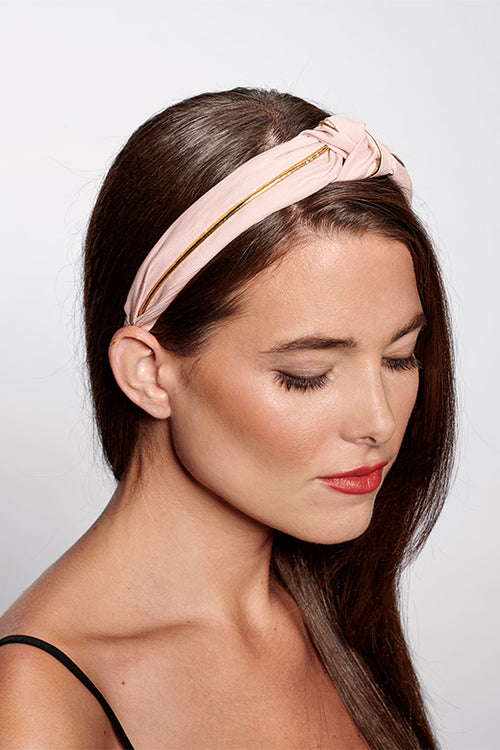 The Hair Edit Blush Pink & Gold Gilded Knot Headband on Brunette Long Haired Model Close-up
