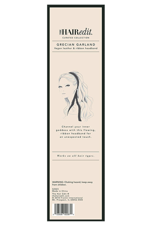 The Hair Edit Black Grecian Garland Vegan Leather & Ribbon Headband Hair Accessory Packaging Rear