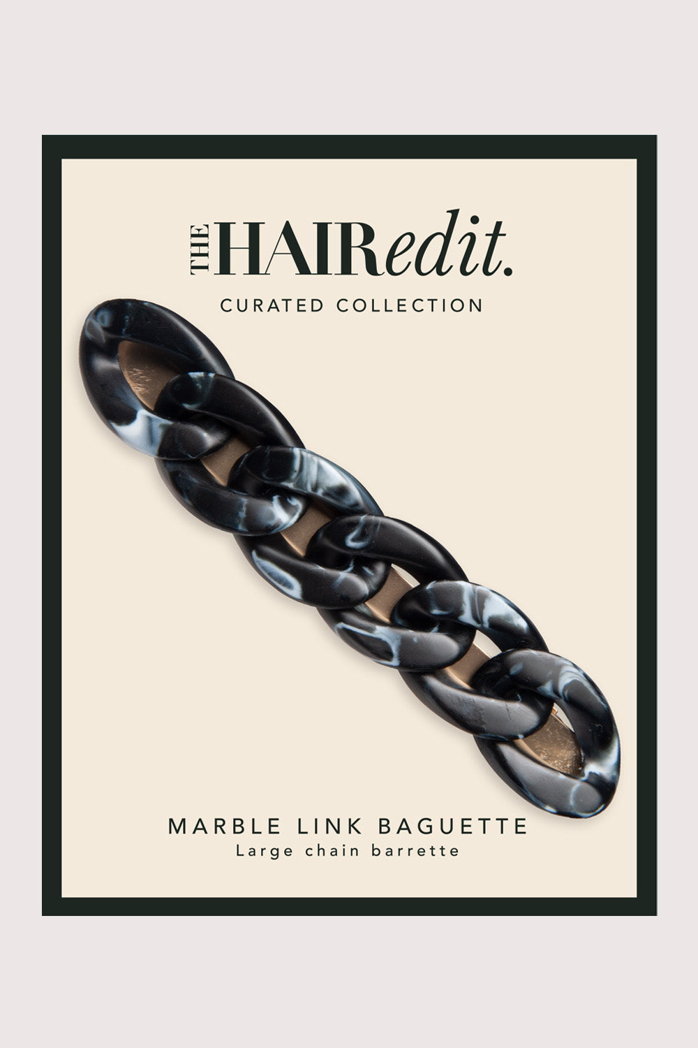 the hair edit marble link baguette large chain barrette in black marble in packaging