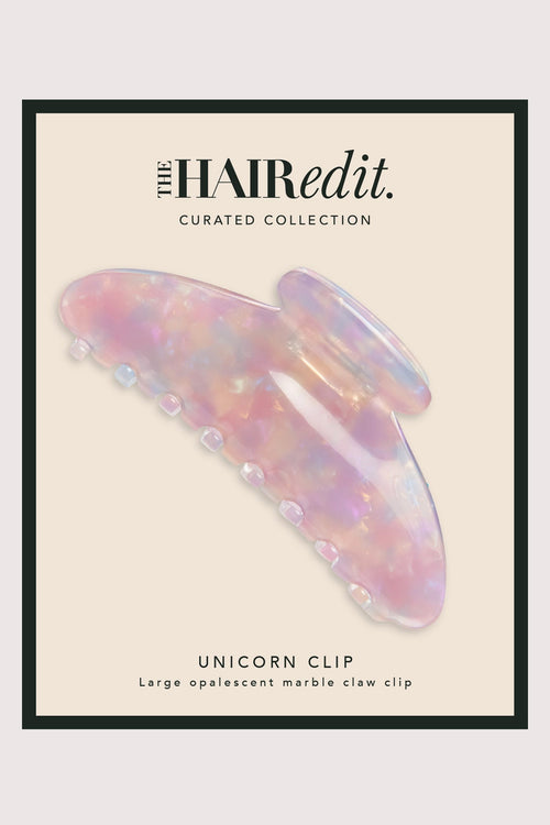 the hair edit pink opalescent unicorn hair claw clip in packaging
