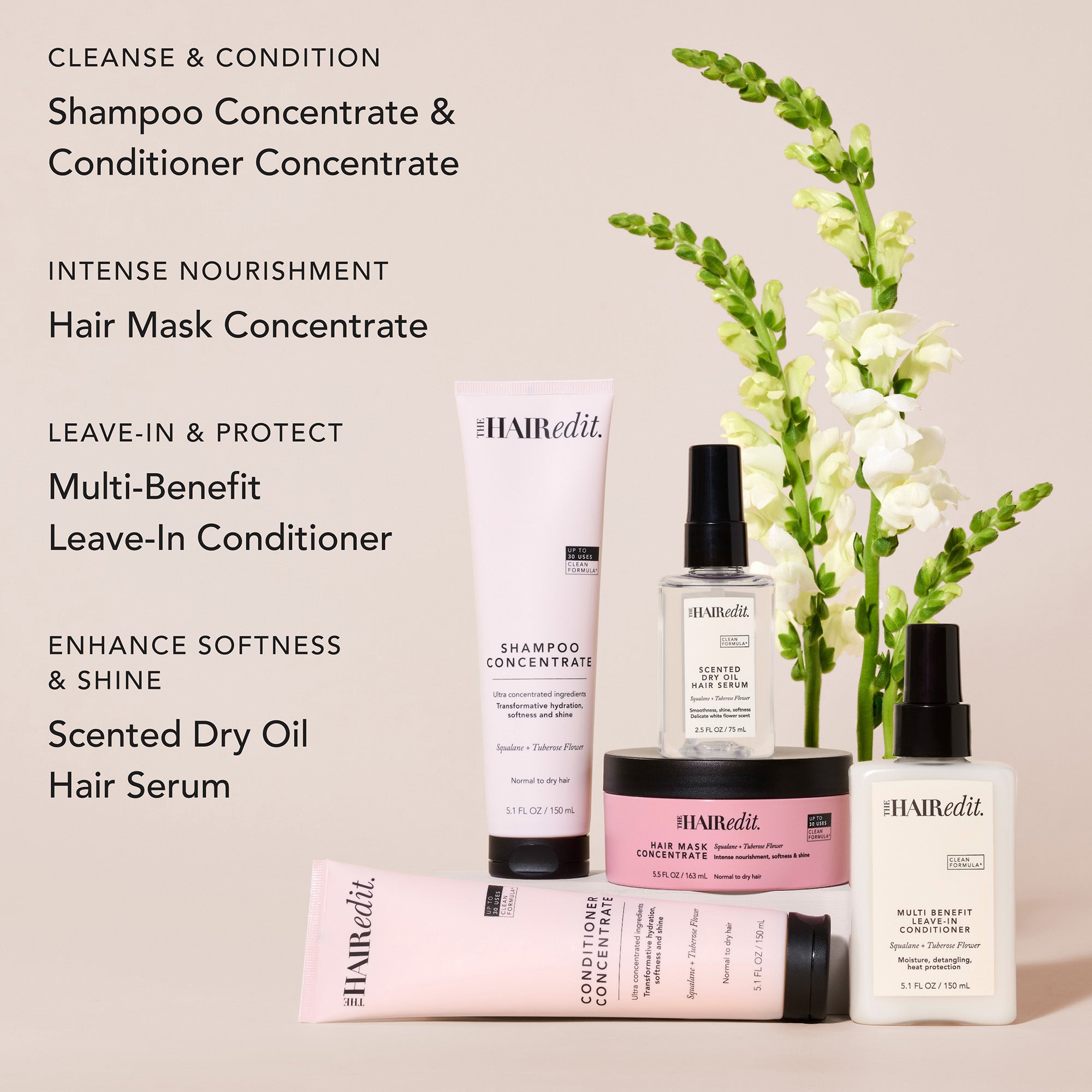 The Hair Edit haircare product lineup on a light beige background with black text callouts. Visible items include a small clear bottle of hair serum, a white tube of shampoo concentrate, a white bottle of leave-in conditioner, a pink tube of conditioner concentrate, and a pink jar of hair mask concentrate.11
