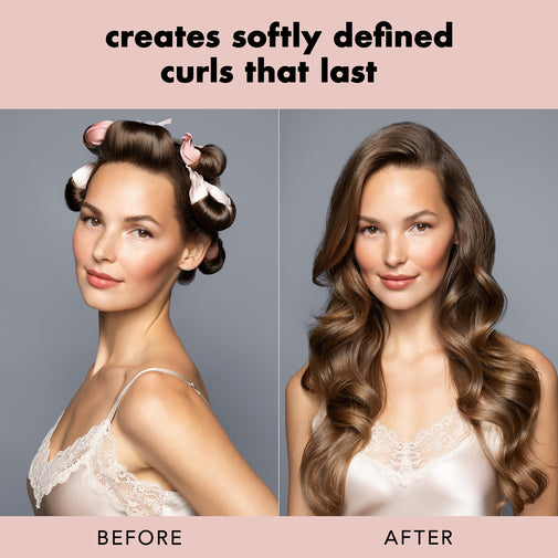 Before-and-after hair styling comparison showing a woman with defined vintage curls using pink and white hair rollers on the left, and long, soft, wavy brown curls on the right. Text at the top reads 'creates softly defined curls that last' and labels the sections BEFORE and AFTER.