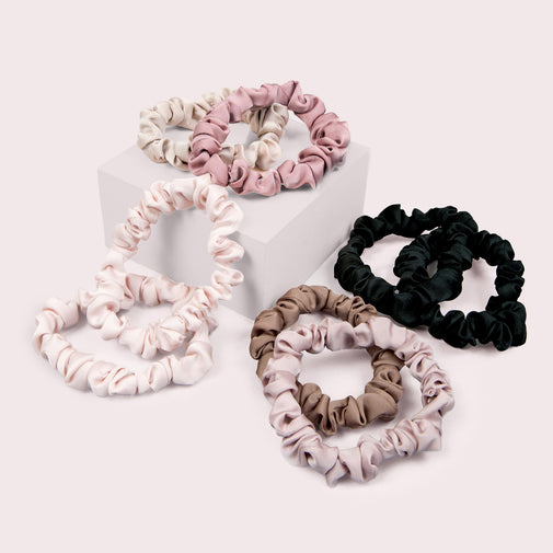 Ruched Ribbon Skinny Satin Scrunchies Set -  8-Pack Multi-Color
