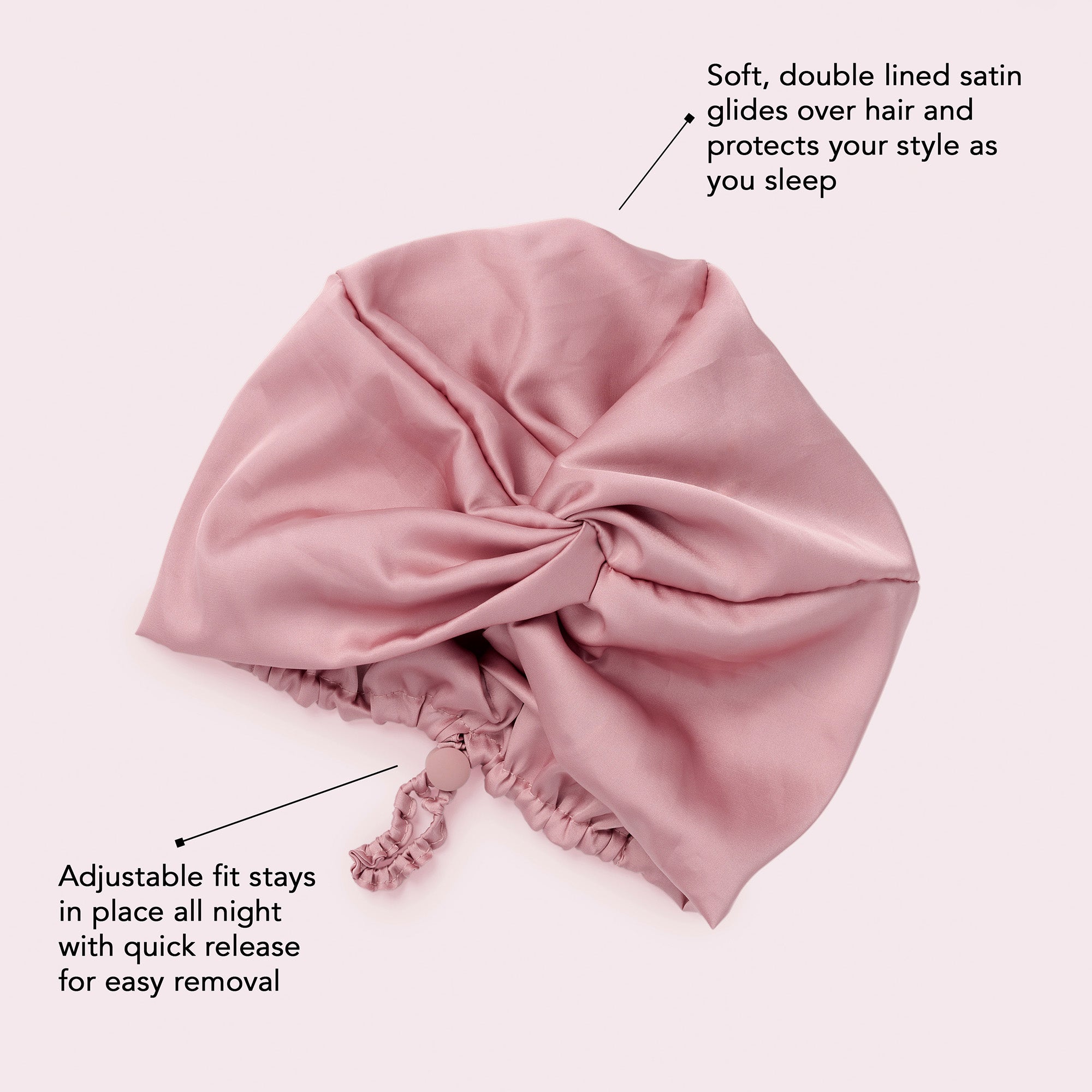 A dusty pink satin sleep cap with text callouts explaining its soft double lining, hair protection, and adjustable fit.4