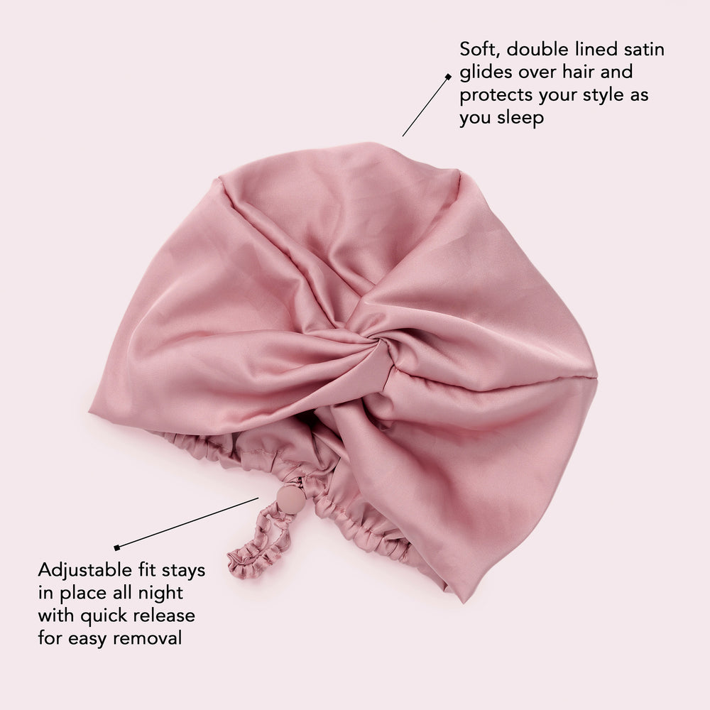 A dusty pink satin sleep cap with text callouts explaining its soft double lining, hair protection, and adjustable fit.4