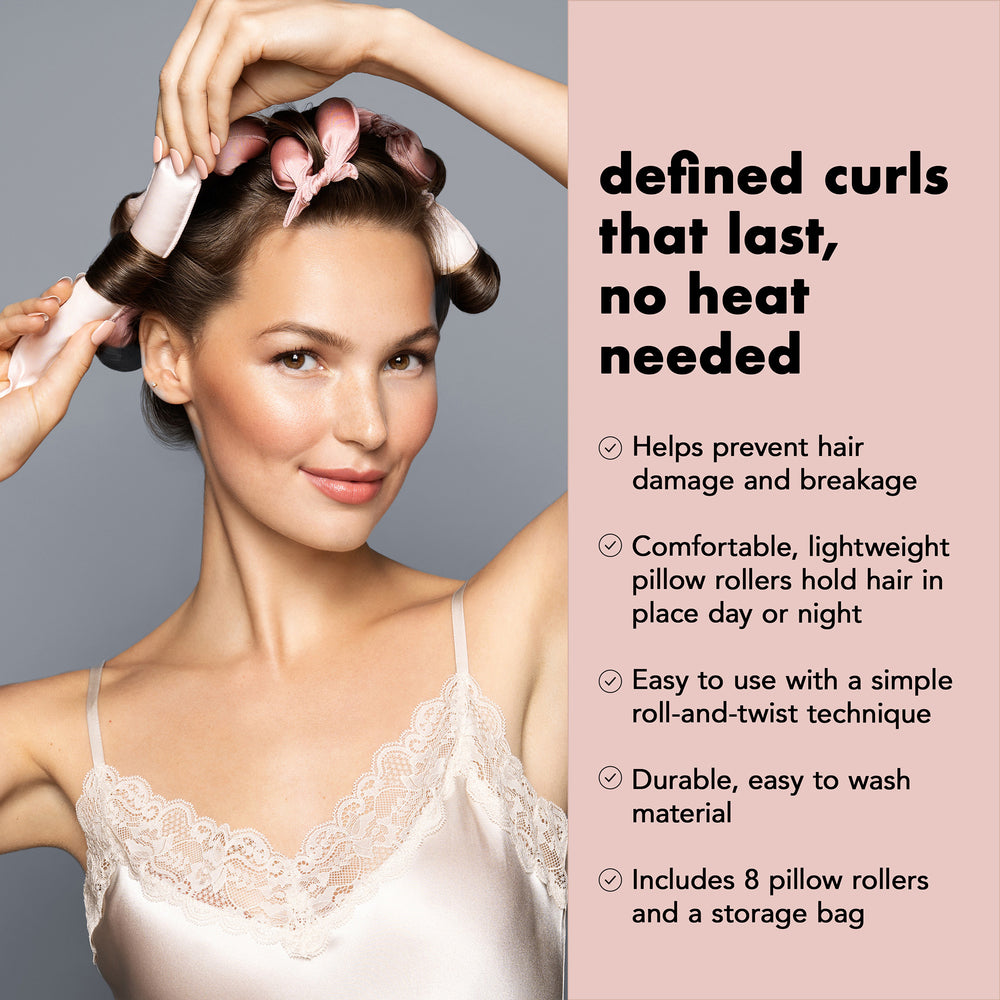 A woman with defined curls using light pink pillow rollers is shown beside text on a pink panel that reads 'defined curls that last, no heat needed' with bullet points about benefits and included 8 pillow rollers and a storage bag.4