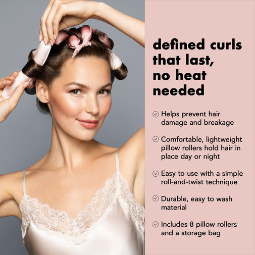 A woman with defined curls using light pink pillow rollers is shown beside text on a pink panel that reads 'defined curls that last, no heat needed' with bullet points about benefits and included 8 pillow rollers and a storage bag.