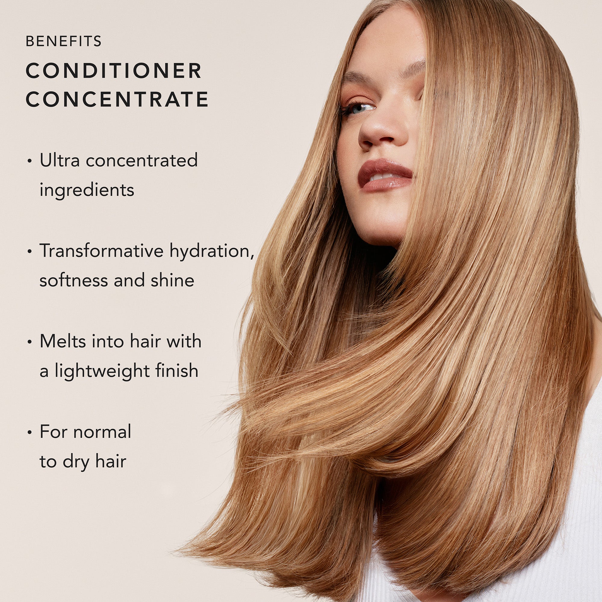 A woman with long, straight blonde hair appears on the right side of a beige promotional graphic. Text on the left reads 'BENEFITS CONDITIONER CONCENTRATE' with bullet points about ultra-concentrated ingredients, transformative hydration and softness, lightweight finish, and suitability for normal to dry hair.3