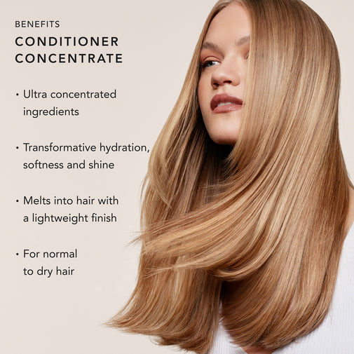 A woman with long, straight blonde hair appears on the right side of a beige promotional graphic. Text on the left reads 'BENEFITS CONDITIONER CONCENTRATE' with bullet points about ultra-concentrated ingredients, transformative hydration and softness, lightweight finish, and suitability for normal to dry hair.