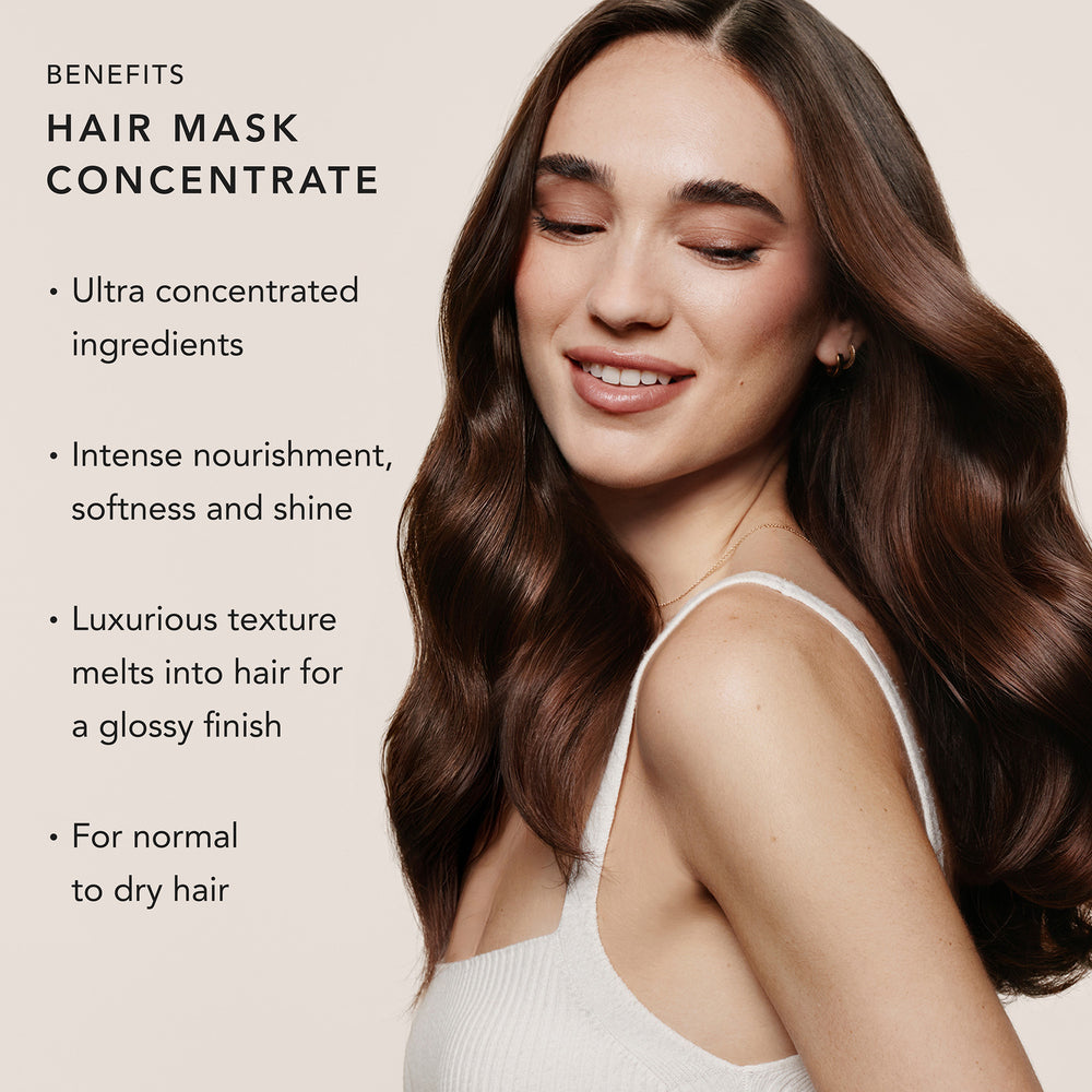 A woman with long, wavy brown hair wearing a white ribbed tank top, shown against a light beige background with promotional text about a hair mask concentrate.3