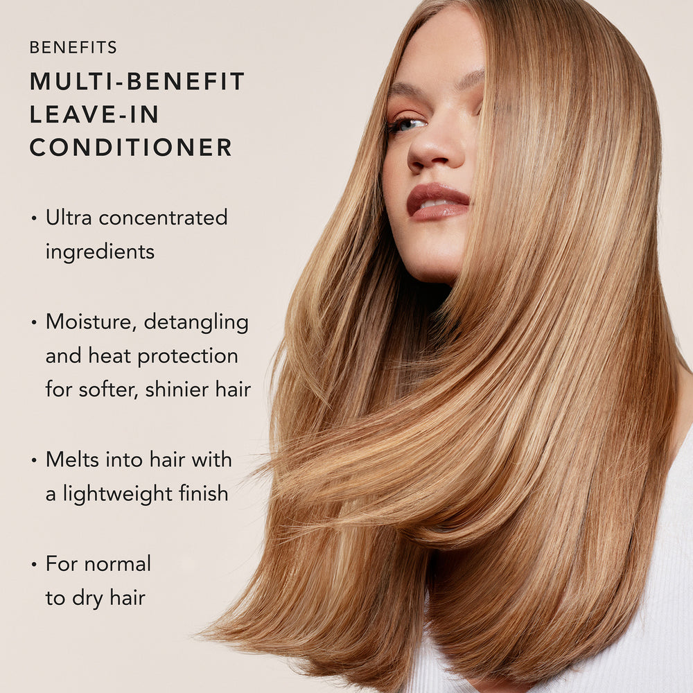 A woman with long, straight, blonde hair is shown against a light beige background, with text on the left reading 'BENEFITS MULTI-BENEFIT LEAVE-IN CONDITIONER' and bullet points about ingredients, moisture and heat protection, lightweight finish, and suitability for normal to dry hair.3
