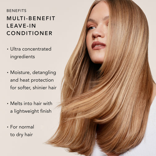 A woman with long, straight, blonde hair is shown against a light beige background, with text on the left reading 'BENEFITS MULTI-BENEFIT LEAVE-IN CONDITIONER' and bullet points about ingredients, moisture and heat protection, lightweight finish, and suitability for normal to dry hair.