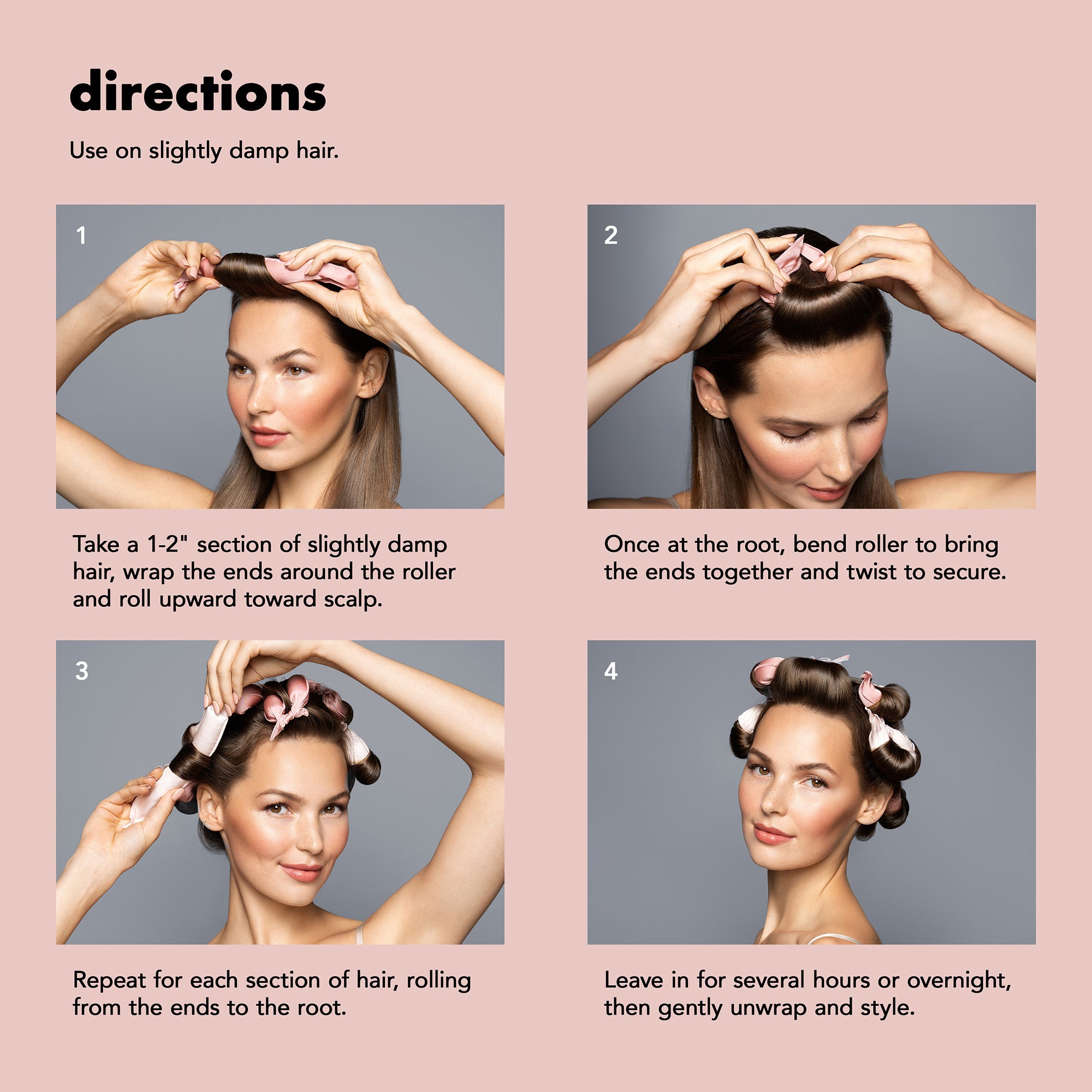 Instruction diagram showing four steps for rolling damp hair into curlers, with a model demonstrating each step on a dusty pink background.5