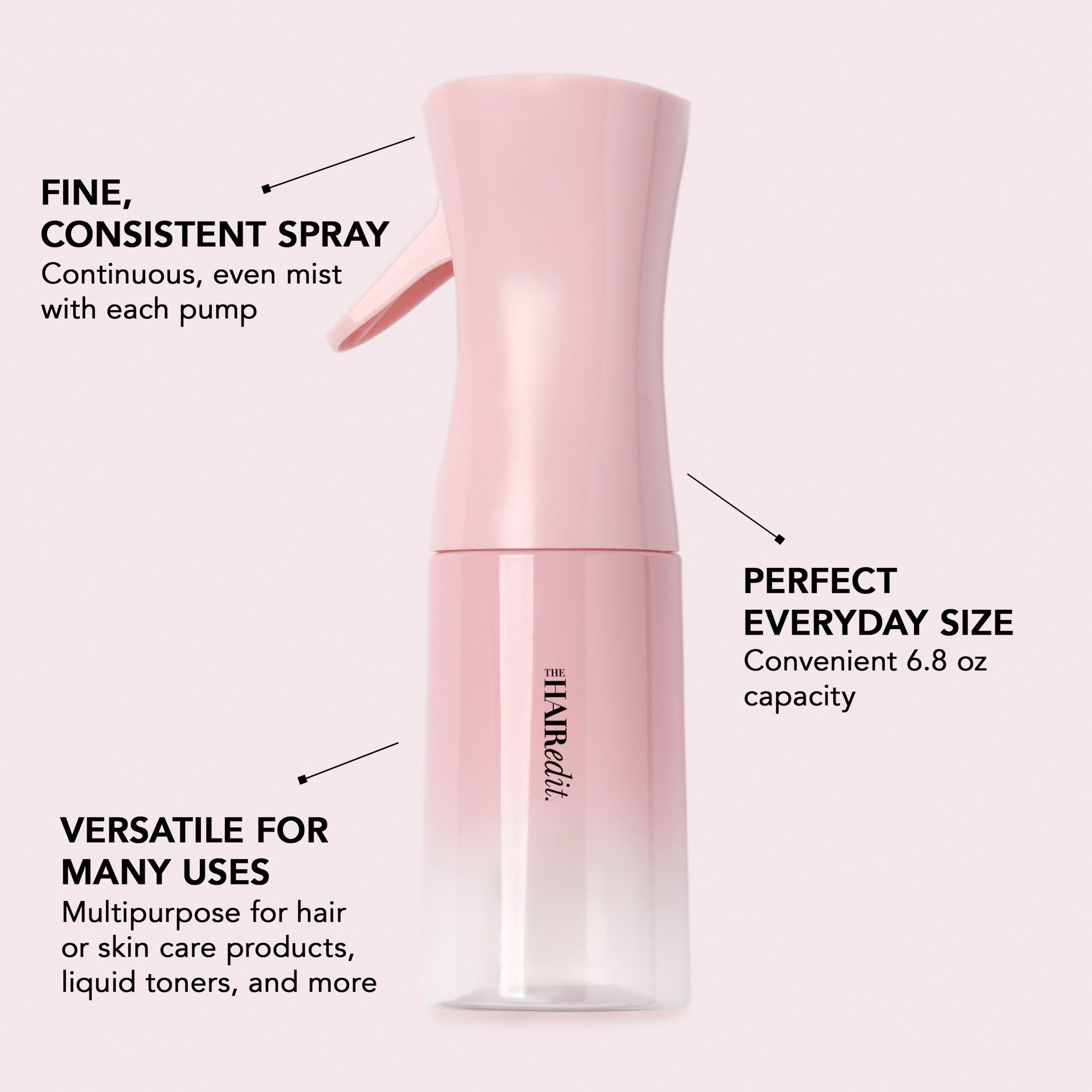 A pink pump bottle labeled THE HAIR EDIT, shown on a pale pink background with callout text describing its fine consistent spray, everyday size capacity, and versatility for hair or skin care products.5