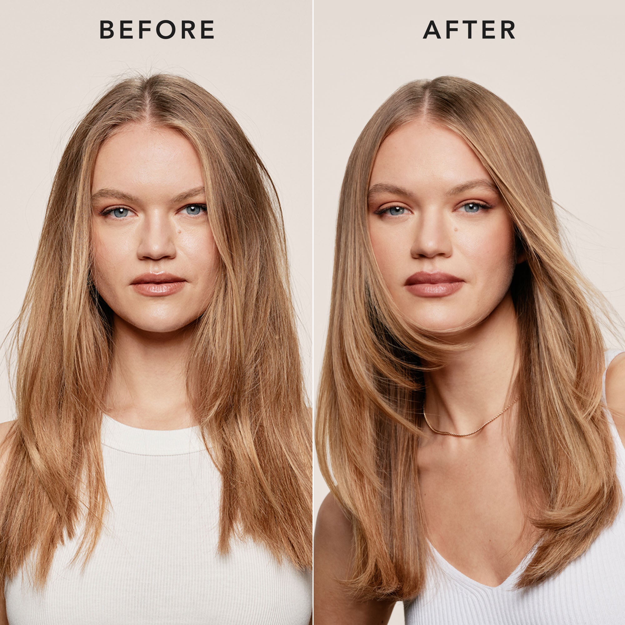 Before-and-after split comparison of a woman's hair, showing a straightened, sleeker look on the right labeled 'AFTER' against a light beige background.5