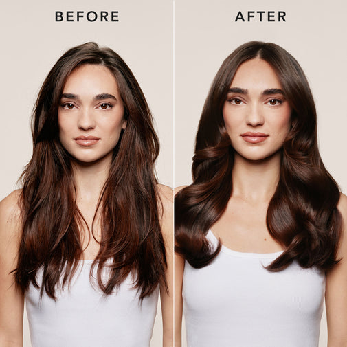 Before-and-after hair transformation showing a woman with long, wavy brown hair on a light beige background. The left side is labeled 'BEFORE' with straighter hair, and the right side is labeled 'AFTER' with smoother, more voluminous waves.