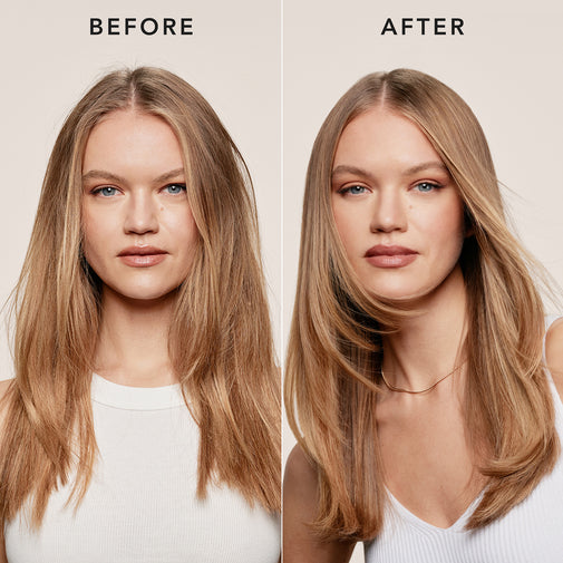 Before-and-after split comparison of a woman's hair, showing a straightened, sleeker look on the right labeled 'AFTER' against a light beige background.