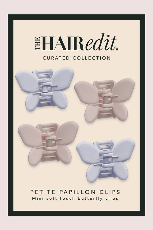 The Hair Edit Mini Butterfly Claw Clips in models hair in packaging 