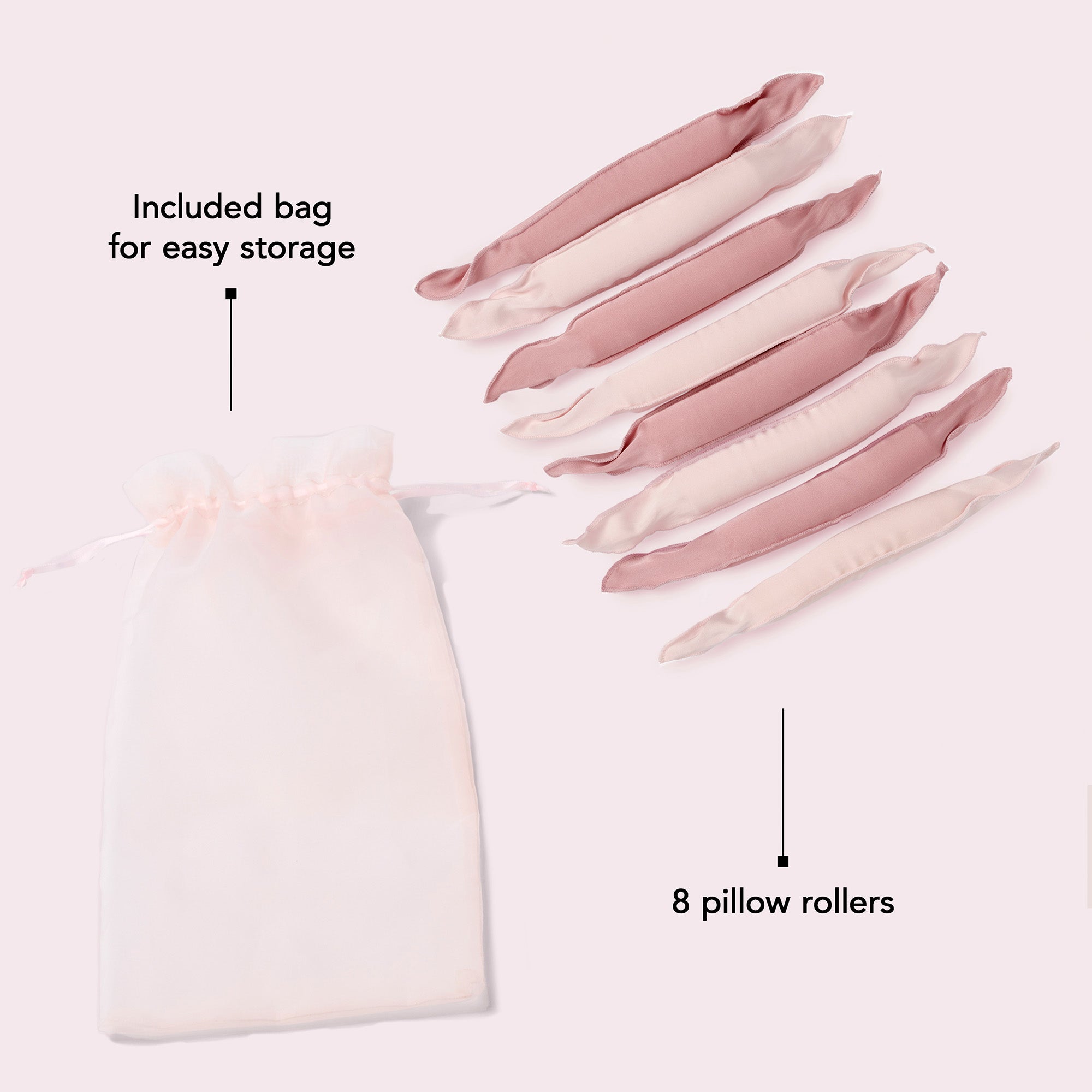 A set of eight blush pink and white pillow rollers arranged on a pale pink background, with a white drawstring bag labeled 'Included bag for easy storage' and text reading '8 pillow rollers'.7