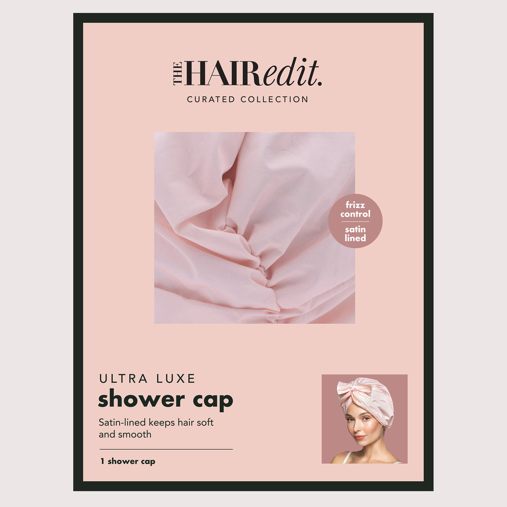The Hair Edit Ultra Luxe Shower Cap packaging card, featuring a soft pink background, a central image of draped satin fabric, and a small inset photo of a model wearing the shower cap.7
