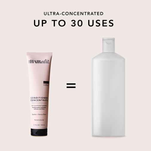 The Hair Edit conditioner concentrate tube next to a large white bottle with text above reading 'ULTRA-CONCENTRATED UP TO 30 USES' on a pale pink background.