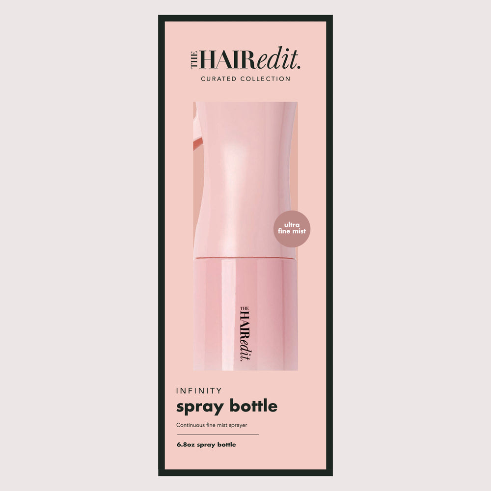 The Hairedit Infinity Spray Bottle in a light pink packaging sleeve, featuring a minimalist design with black text and a thin black border on a light gray background.7