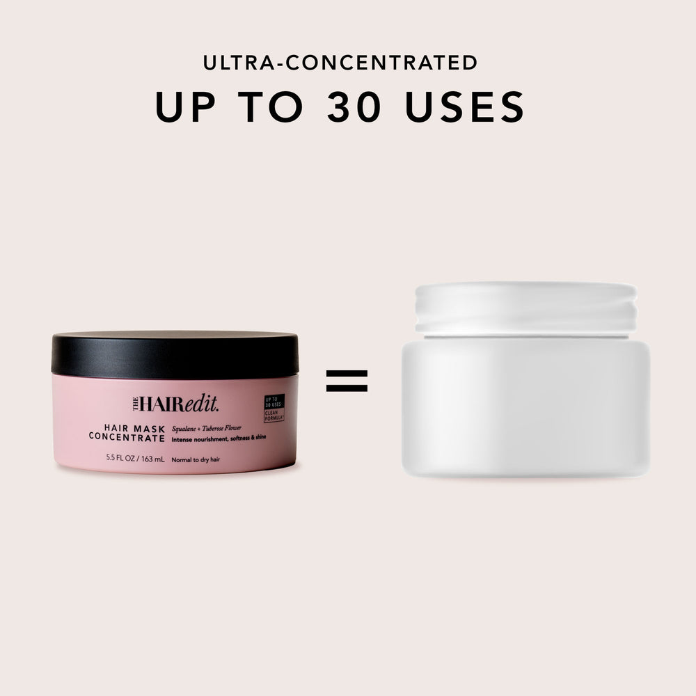 hair mask concentrate in a pink jar with a black lid, shown next to a white empty jar with an equals sign between them, under the text 'ULTRA-CONCENTRATED UP TO 30 USES' on a light beige background.7