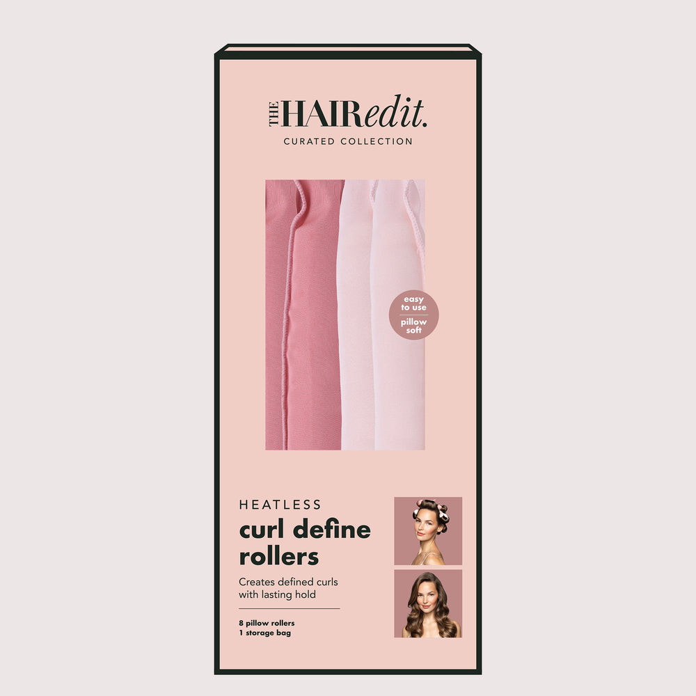 The Hairedit Curated Collection curl define rollers in a pink packaging box, showing three rolls in dusty pink and pale pink, with product details and small model photos.9