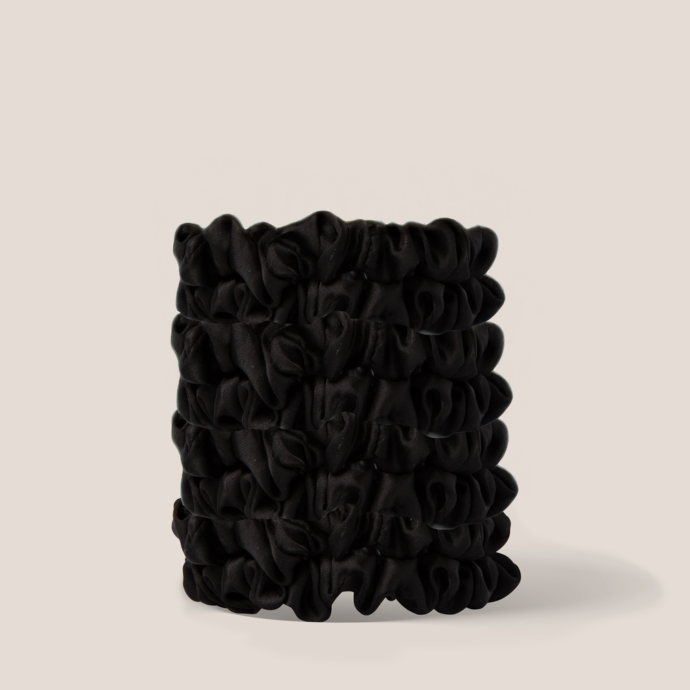 Ruched Ribbons Skinny Satin Scrunchies Set - 8-Pack Black1