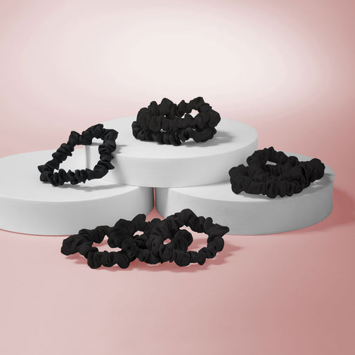 Ruched Ribbons Skinny Satin Scrunchies Set - 8-Pack Black