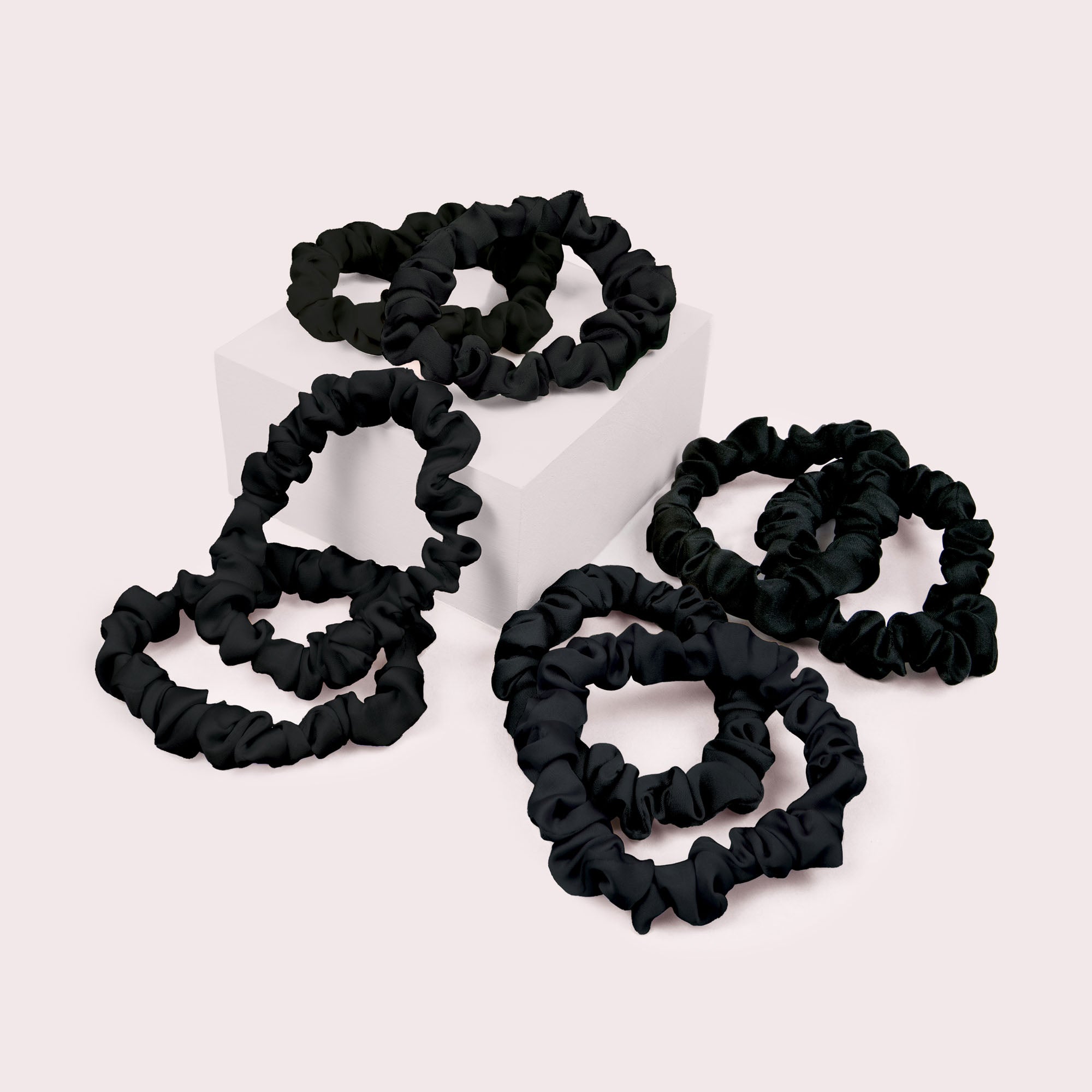 Ruched Ribbons Skinny Satin Scrunchies Set - 8-Pack Black5