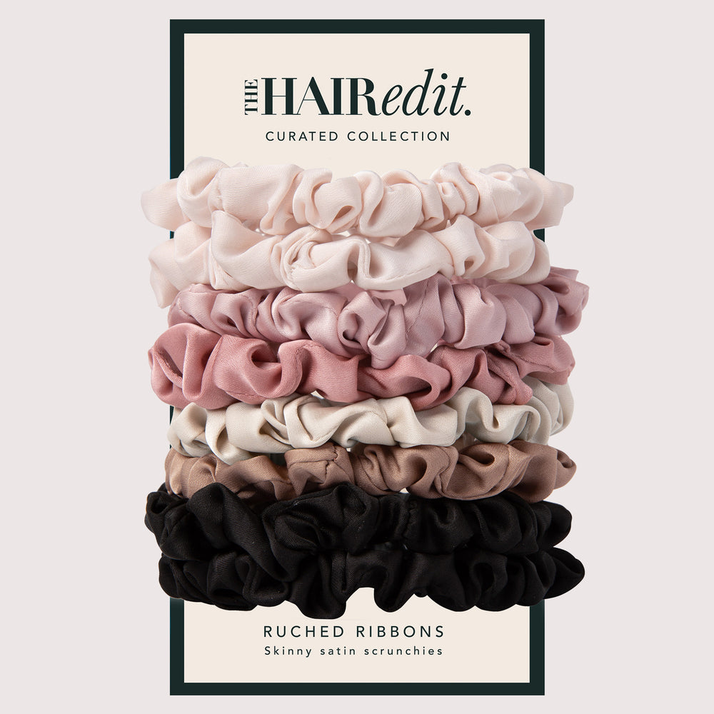 Ruched Ribbon Skinny Satin Scrunchies Set -  8-Pack Multi-Color8