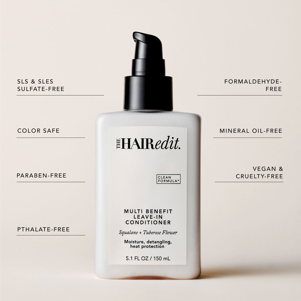 The Hair Edit Multi Benefit Leave-In Conditioner in a white pump bottle with a black cap, centered on a warm beige background with feature callouts around it.9