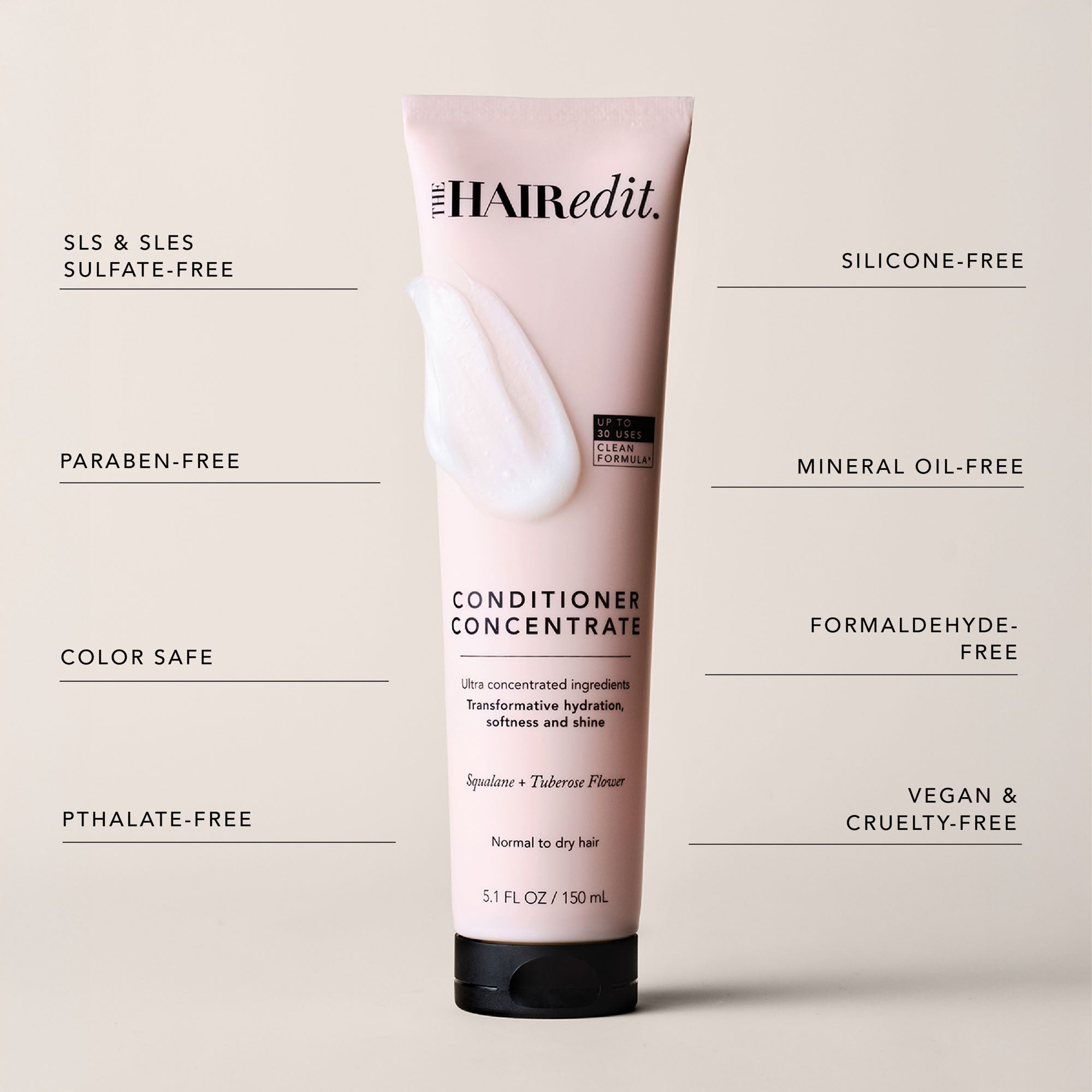 The Hair Edit conditioner concentrate tube centered on a light beige background with surrounding text callouts about ingredients and certifications.9