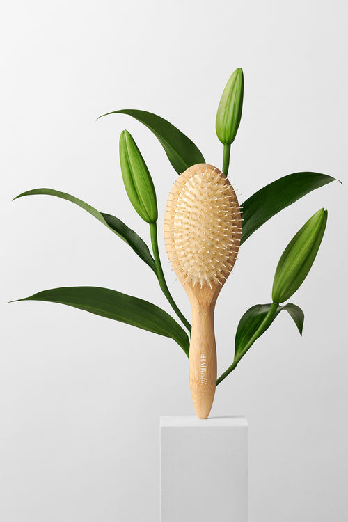 The Hair Edit The Glossifier Boar Bristle Bamboo Finishing Wood Brush on a white pedestal with plants 
