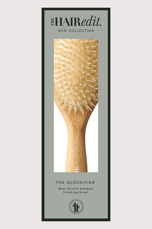 The Hair Edit The Glossifier Boar Bristle Bamboo Finishing Wood Brush in packaging