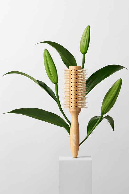 The Hair Edit Sleek Goddess Boar Bristle Bamboo Round Wood Brush on a white pedestal with plants 