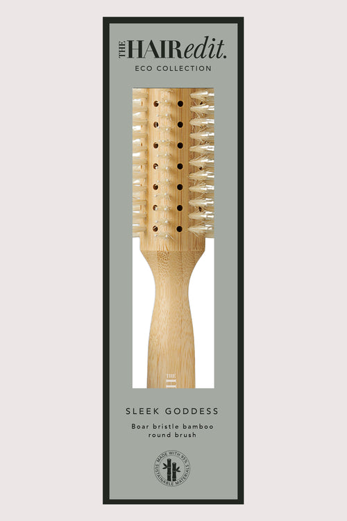 The Hair Edit Sleek Goddess Boar Bristle Bamboo Round Wood Brush in packaging