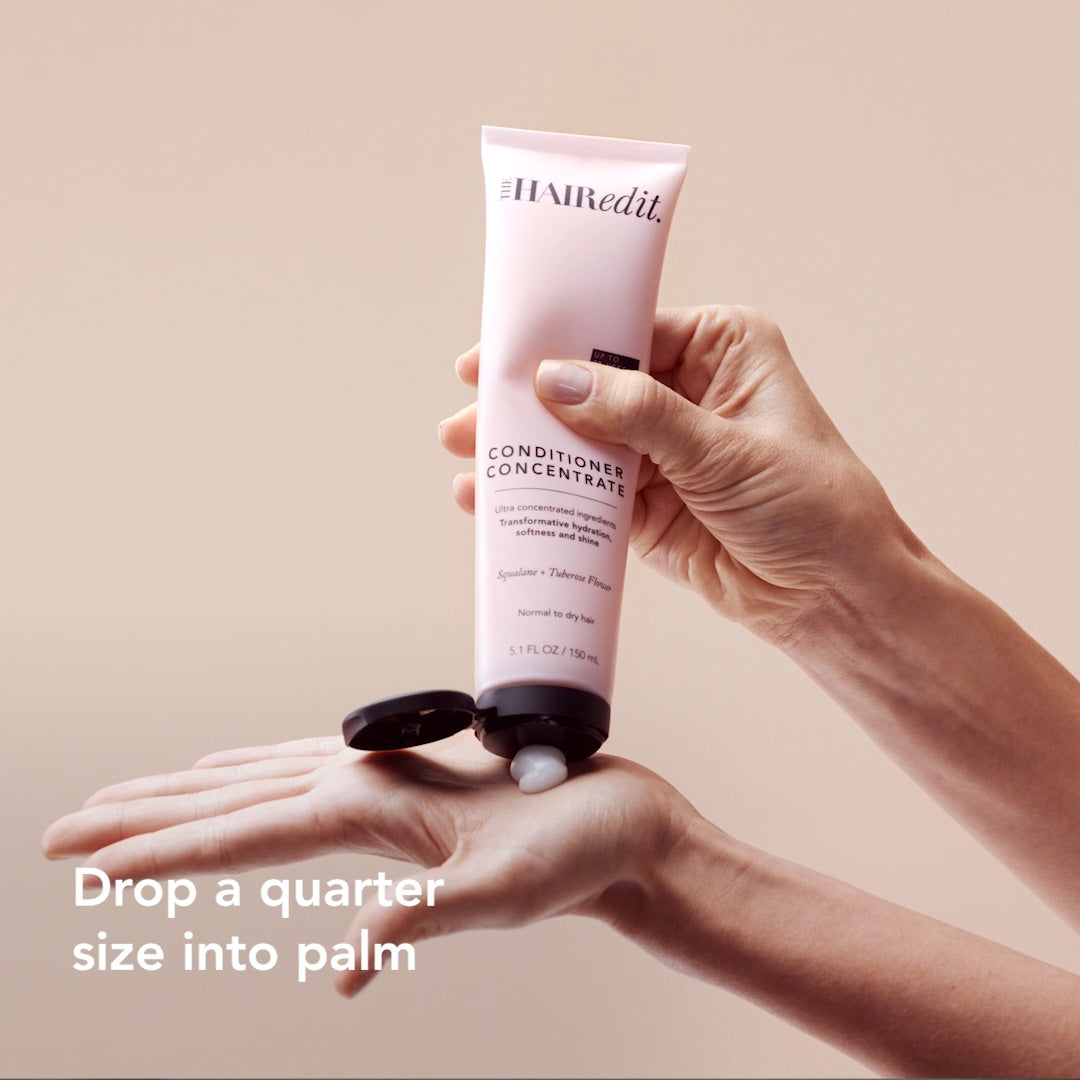 A video of a model demonstrating how to use The Hair Edit’s Conditioner Concentrate2