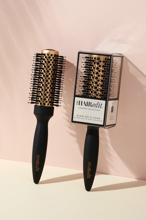 The Hair Edit round ceramic vented barrel blowdry & shine black & gold brush display