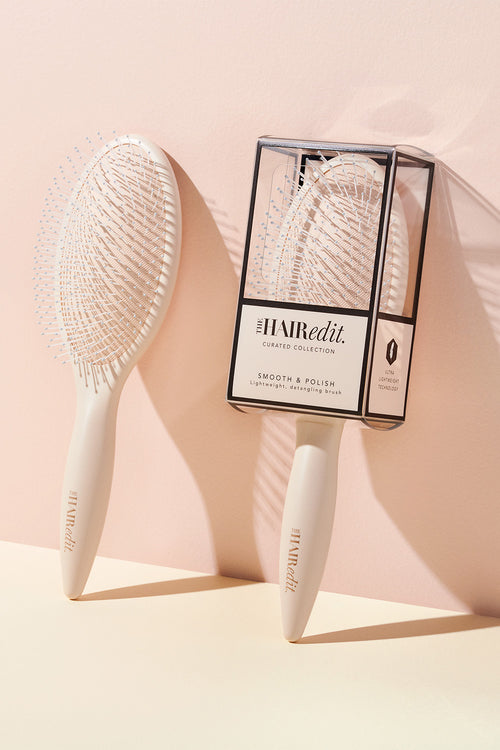 The Hair Edit Smooth & Polish Hairbrush in White Color with and without packaging