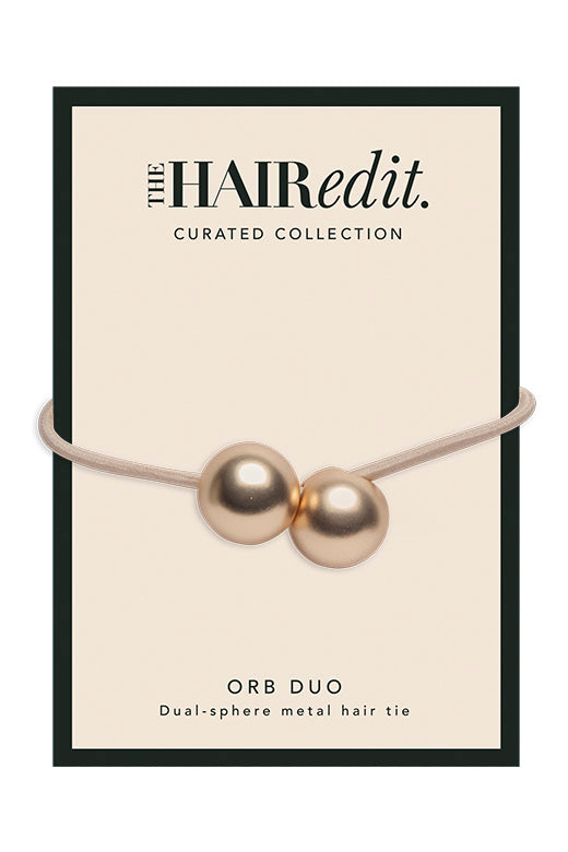 The Hair Edit Soft Gold Orb Duo Ponytail Holder Dual-Sphere Metal Hair Tie Accessory Packaging Front