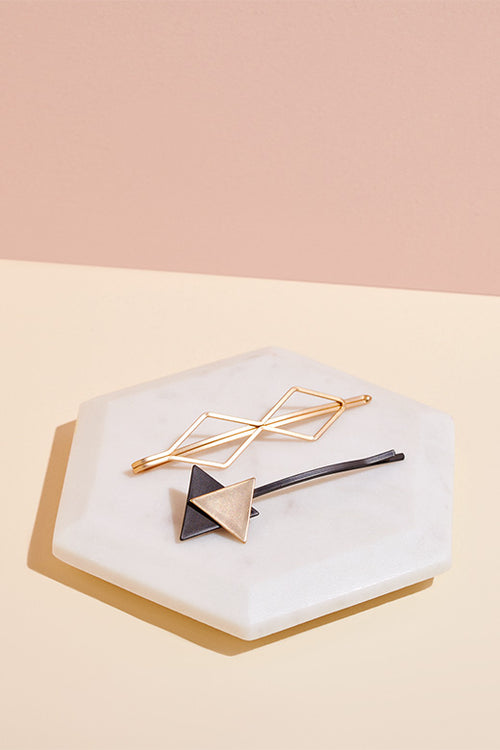 The Hair Edit Gold & Black Geometric Shaped Decorative Bobby Pin Hair Accessory Set of 2 Pins on Hexagon Display